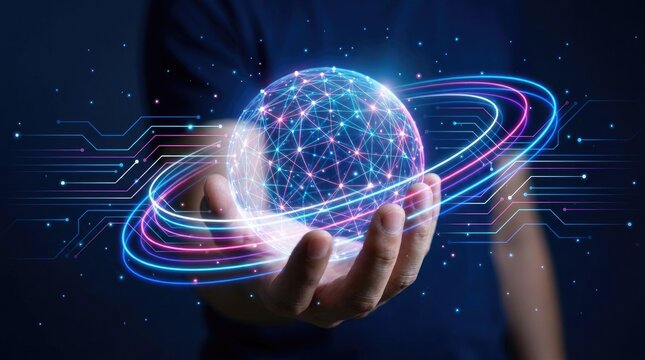 Person holding glowing blue and pink neural network sphere with circuit board lines