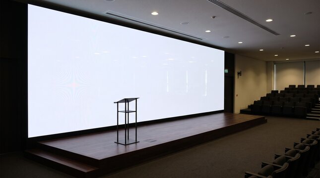Ceiling-mounted projector and projection screen in a Boston lecture hall