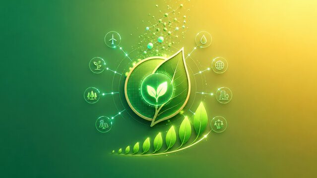 Green leaf with icons shown with recognizable form balanced studio lighting and practical context