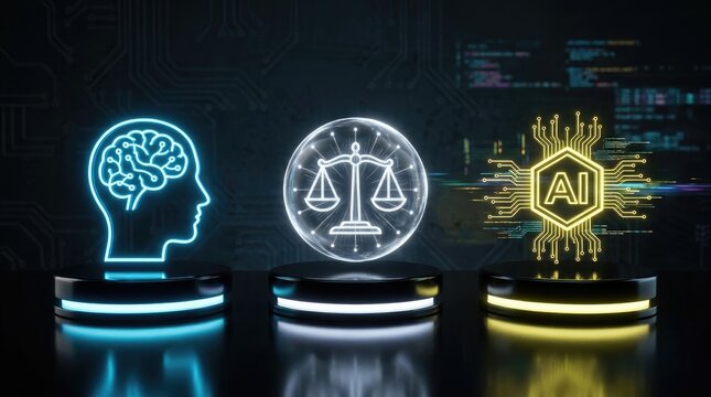 AI technology and justice concept with brain, scales, and neural network