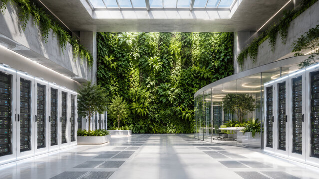 Green wall in data center symbolizing renewable resources low carbon progress and environmental responsibility