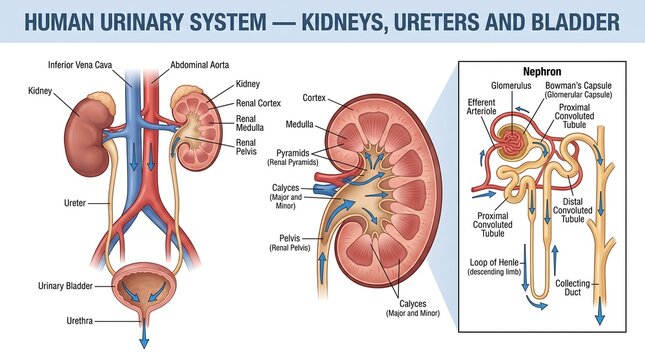 Human Urinary System Anatomy Diagram Featuring Kidneys Ureters Bladder and Nephron Structure for Medical Education and Healthcare