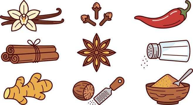 Aromatic Cooking Spices Vector Icon Set Featuring Cinnamon Vanilla Chili Pepper Ginger Star Anise Nutmeg Salt Shaker and Curry Powder for Food Designs