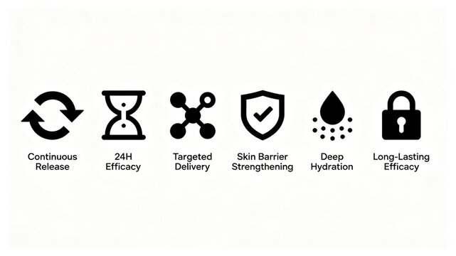 Minimalist vector skincare selling point icon, representing the concept of continuous release and deep hydration, suitable for beauty e-commerce details and product selling point posters.

