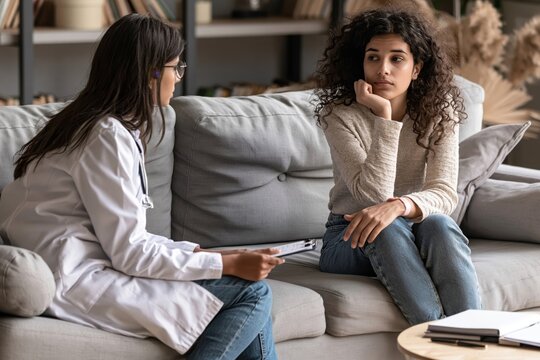 Sad young woman talking with her doctor or psychologist during a therapy session on couch
