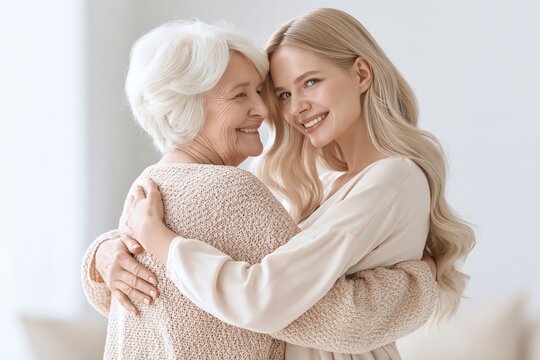 Senior grandmother and young blonde granddaughter hugging affectionately in living room