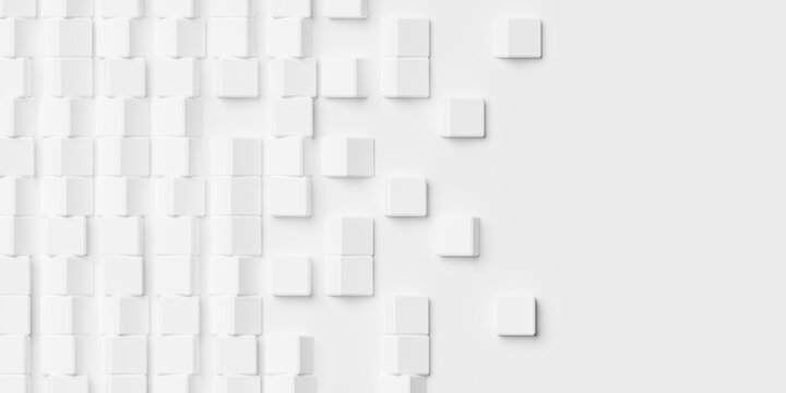 Rows of stacked and randomly rotated white cube boxes background wallpaper banner fading out with copy space, flat lay top view