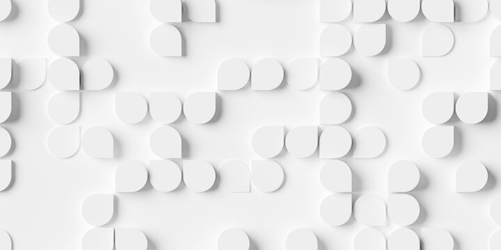 Grid of white pointed circles or cylinders geometry flipped and shifted background wallpaper banner randomly scattered, flat lay top view