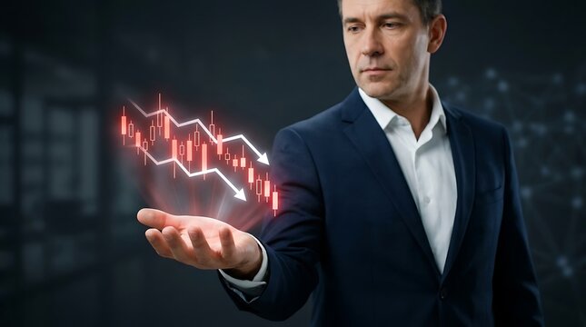 Financial analyst presenting falling stock market trend and economic recession data visualization