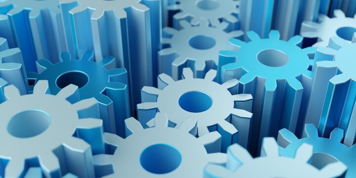 Connected blue gear or cogwheels on different levels, business team or cooperation concept or background, selective focus