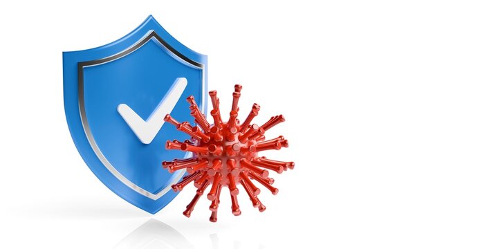 Blue shield with checkmark and red virus over white background, virus protection or security concept