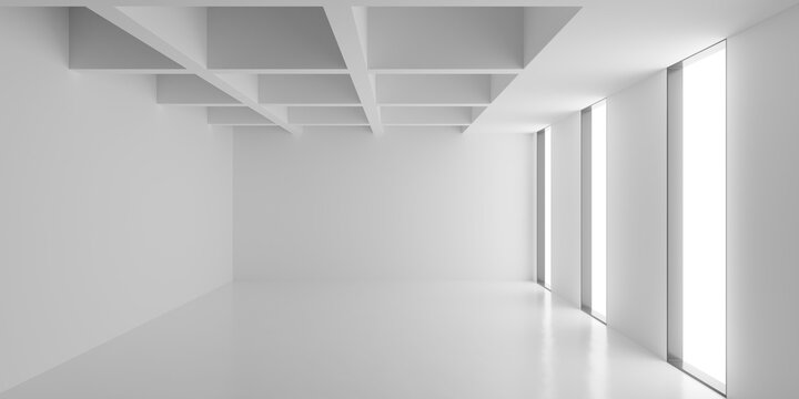 Modern stylish interior template, empty blank white room indoor background featuring grid ceiling and row of windows