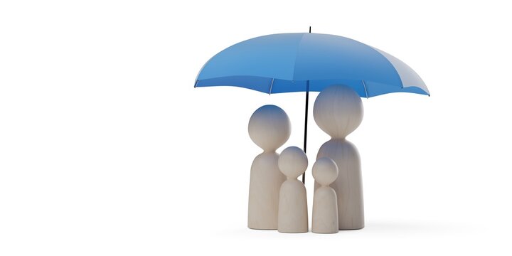 Abstract wood figure family protected by blue umbrella over white background, family insurance or protection concept with copy space