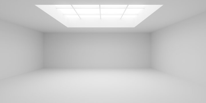 Empty modern white room or art gallery indoor background with central square ceiling window grid, soft light, modern interior template