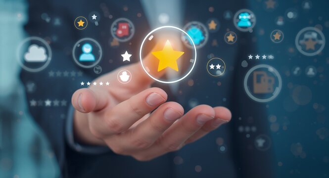 Floating customer interaction icons and review scores surround a hand, emphasizing customer engagement in a vibrant, modern context, allowing for ample copy space for branding elements