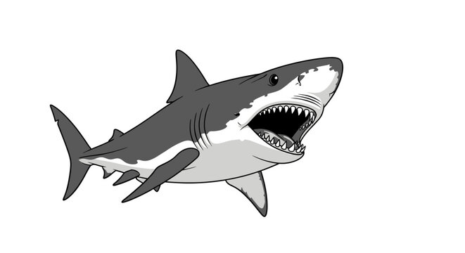 A black, white, and grey vector illustration of a great white shark swimming with its mouth wide open showing sharp teeth, isolated on white background.
