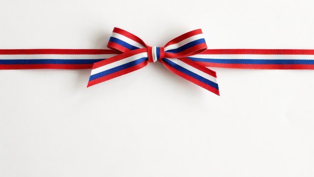Red white and blue striped ribbon bow on white background