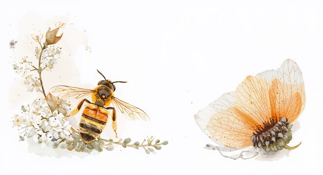 A watercolor illustration of a bee actively inspecting a hive frame, delicately placed on a clean white background, leaving ample space for text or branding