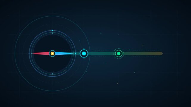Animated 2D vector compass UI rotating on dark tech grid dashboard