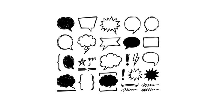 Doodle speech bubbles and hand drawn comic clouds in black ink for communication design elements and dialogue boxes.