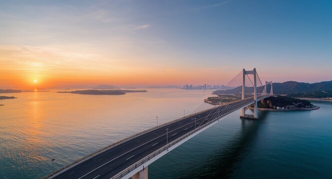 Panoramic view of Dongbaek Island featuring Nurimaru APEC House and Gwangan Bridge at sunset, showcasing a leading lines composition with ample copy space for effective advertising