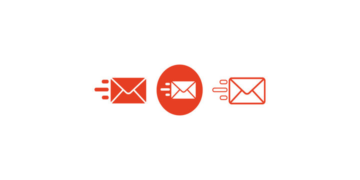 Orange mail delivery icons set features flying envelope designs for digital communication and logistics interfaces.