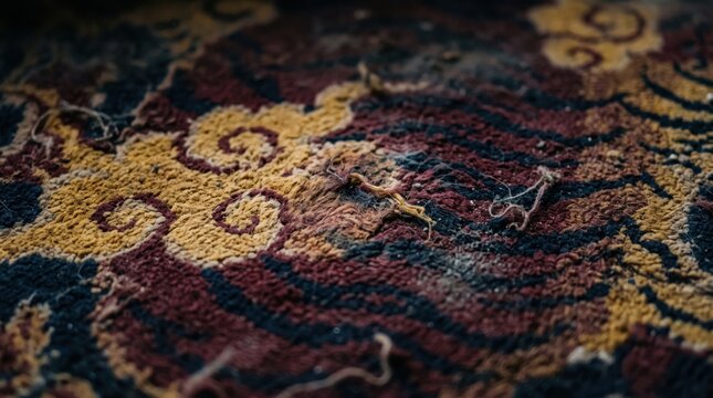 Close up of a dirty and worn traditional oriental rug texture