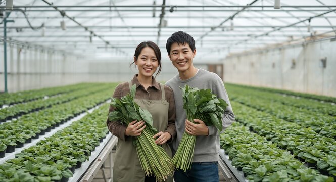 A couple of Asian partners in a hydroponic greenhouse, smiling confidently while holding freshly harvested vegetables, the serene environment allows, garden, farming and fresh produce concept