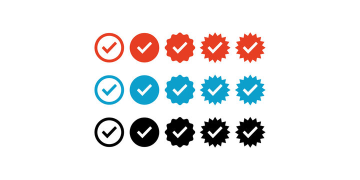 Verified check mark badges in red blue and black offer various serrated border styles for account authentication.