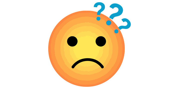 Questioning orange emoji face illustration with blue question marks overhead indicating confusion or doubt.