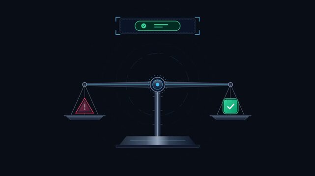 Digital balance scale animation with warning and success icons