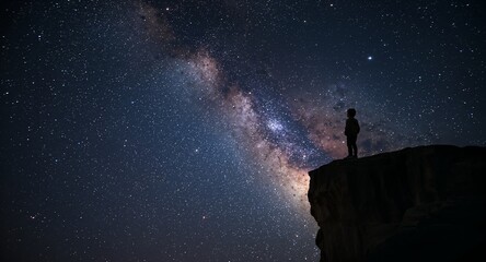 Fototapeta premium An awe-inspiring scene showcasing a child standing at the edge of a cliff, gazing at a breathtaking starry sky at night, with glittering galaxies inviting wonder and contemplation