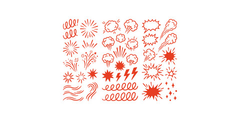 Comic book style red explosion sound effects vector set for manga action scenes or graphic design motion elements. © Artify Creations