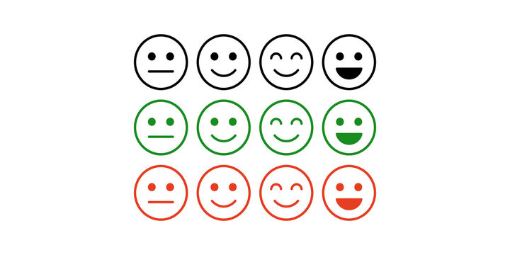 Set of emoticon faces showing different emotions and sentiment analysis with black green and orange colors for feedback surveys.