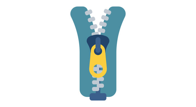 Partially opened blue zipper with yellow pull tab on a white background