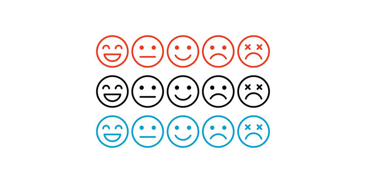 Feedback emoji rating scale displays multicolored facial expressions for customer satisfaction and survey feedback.