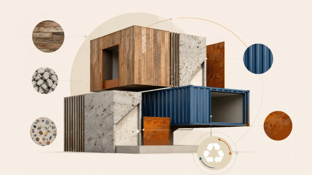 Different materials used in container illustrating coordinated distribution connected infrastructure and efficient supply chain management