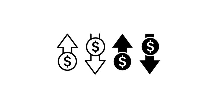 Arrows with dollar signs indicating financial increases and decreases in black and white.