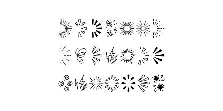 Black comic book sound effects collection for manga design featuring motion lines and action explosion symbols.
