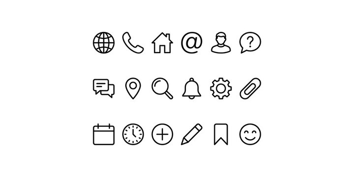 Black outline universal web icons feature essential interface elements for communication navigation and settings.