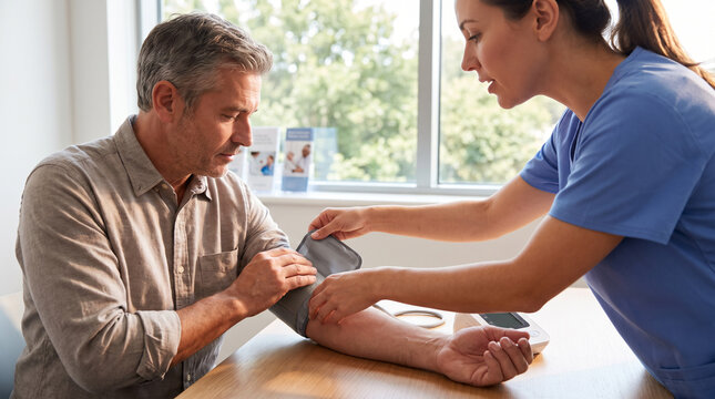 Doctor educating mature adult patient about home blood pressure monitoring in clinic, supporting cardiovascular health, patient self-management and chronic disease prevention.
