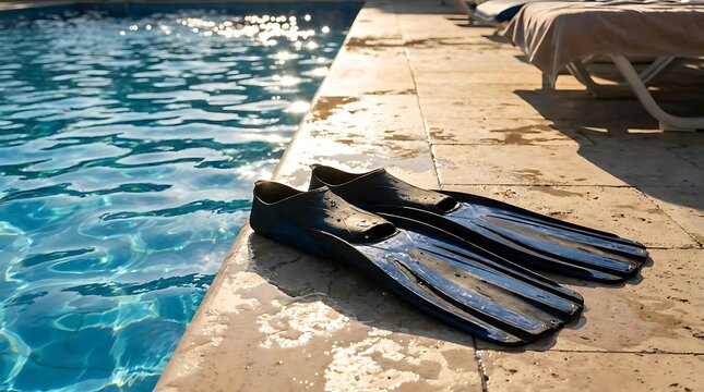 Black rubber swim fins on poolside stone tiles.