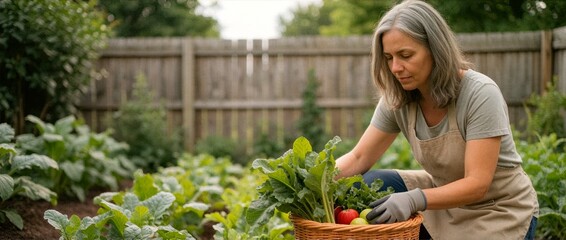 Fototapeta premium Middle aged woman harvesting vegetables in backyard garden