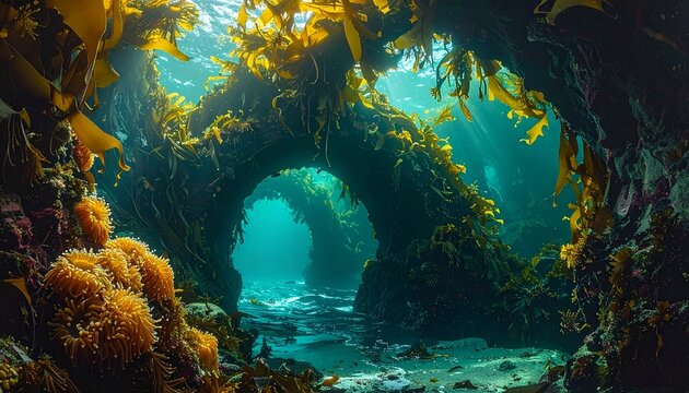 Underwater kelp forest archway with golden anemones and sunlight rays