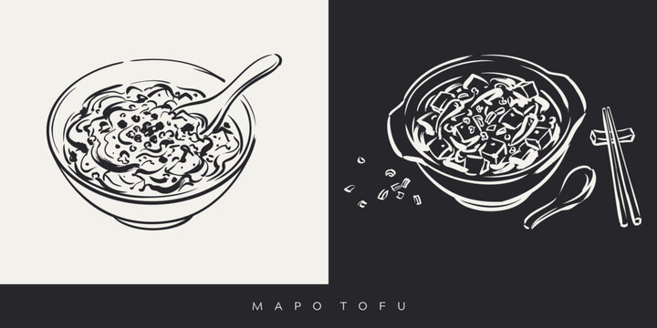 Hand Drawn Mapo Tofu Sketch Set in Black and White Ink Style Chinese Cuisine