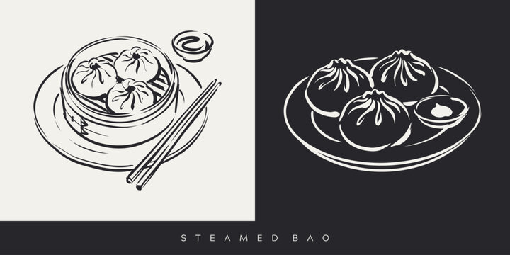 Hand Drawn Steamed Bao Buns in Bamboo Steamer and on Plate Vector Illustration