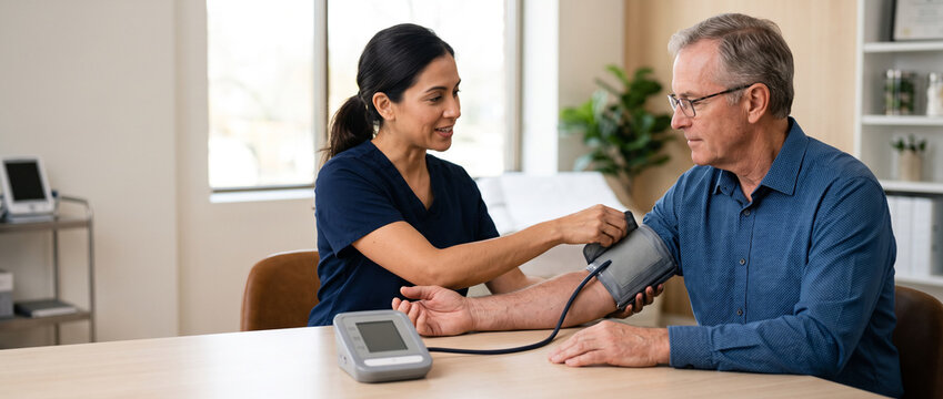 Doctor educating mature adult patient about home blood pressure monitoring in clinic, supporting cardiovascular health, patient self-management and chronic disease prevention.