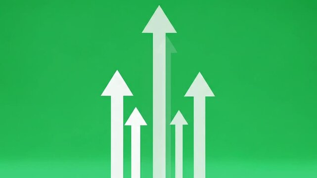 Growth arrows pointing upward in a dynamic sequence against a clean solid green background surface.