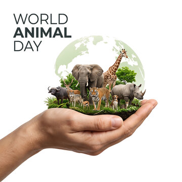 A human hand holding a globe with diverse animals for world animal day
