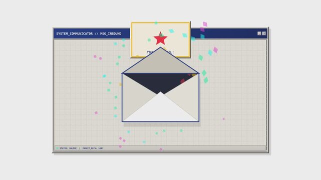 Digital Communication Interface Featuring an Opened Envelope Icon with Festive Confetti and a Star Marked Notification Window